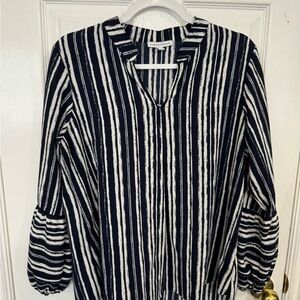 Notations Navy and White Vertical Stripe Tunic with V-Notch